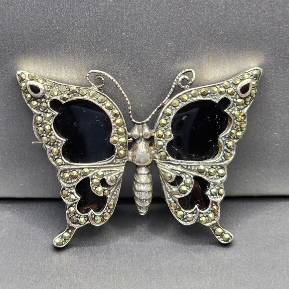 VTG Sterling Silver 925 Butterfly Brooch 2" Marcasite Black Onyx 14.67g - Picture 11 of 11